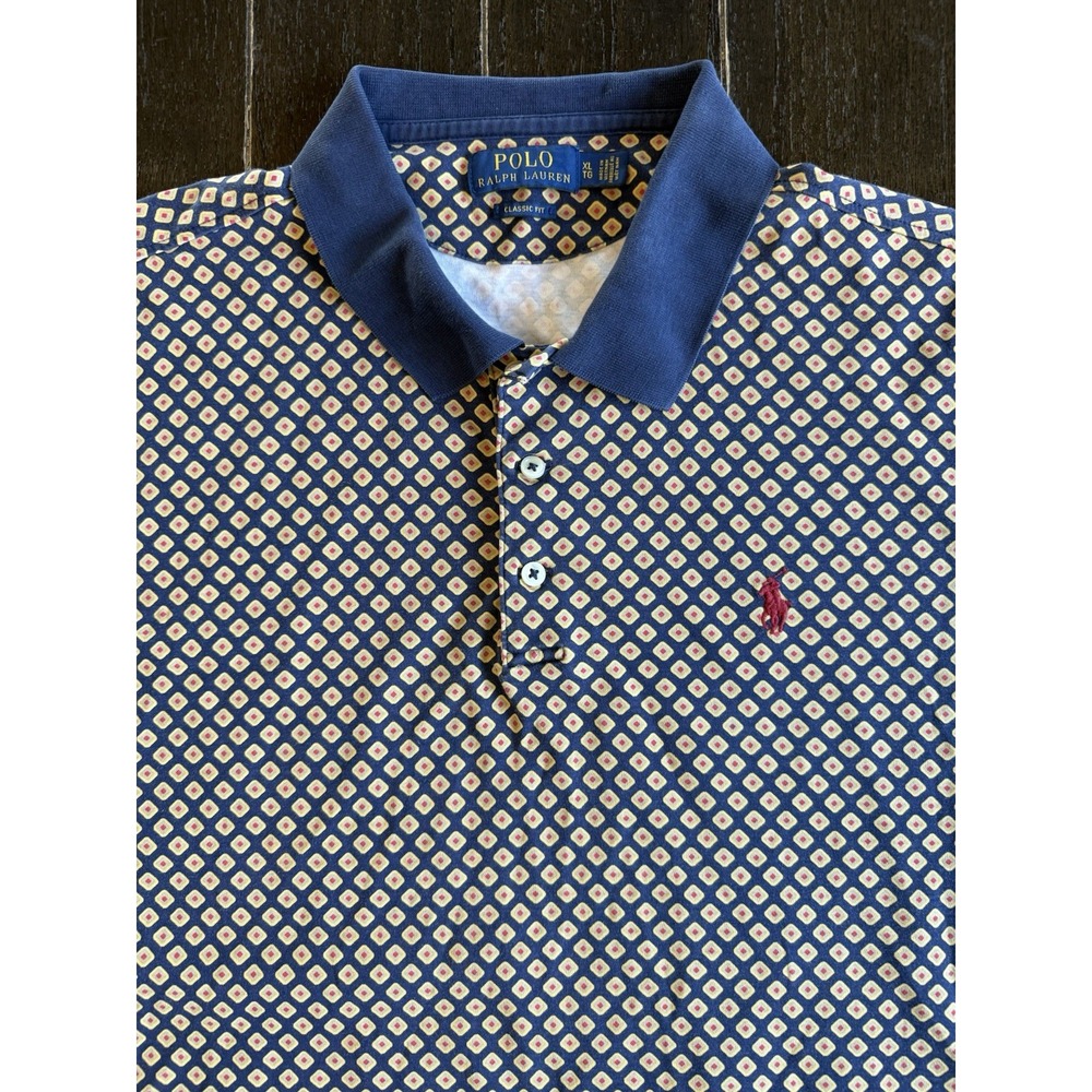 Polo Ralph Lauren Mens XL Classic Fit Geometric Print Polo Shirt Navy Gold Red